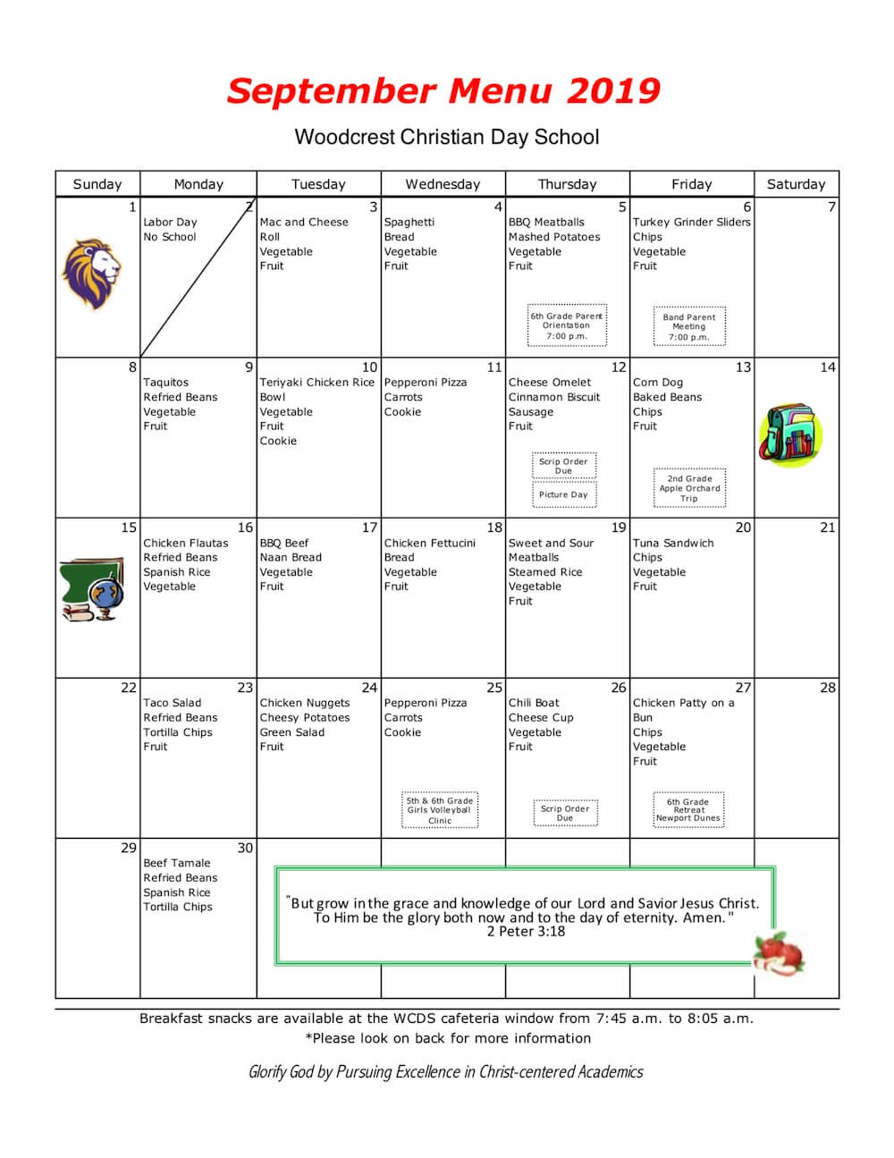 Monthly Lunch Menu - Woodcrest Christian School System